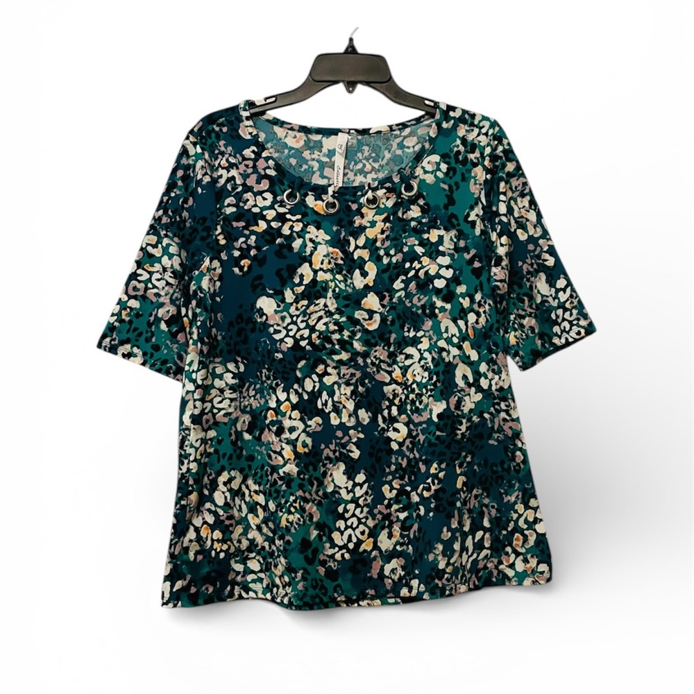 NY Collection Teal and Cream Patterned Blouse